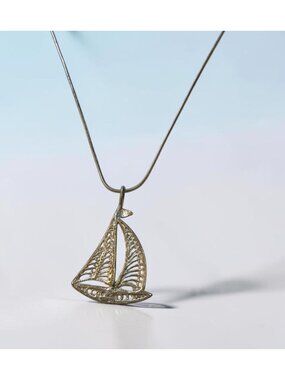 Ornate Filigree Sailboat Pendant Necklace Sterling Silver  Chain Elegant Nautica